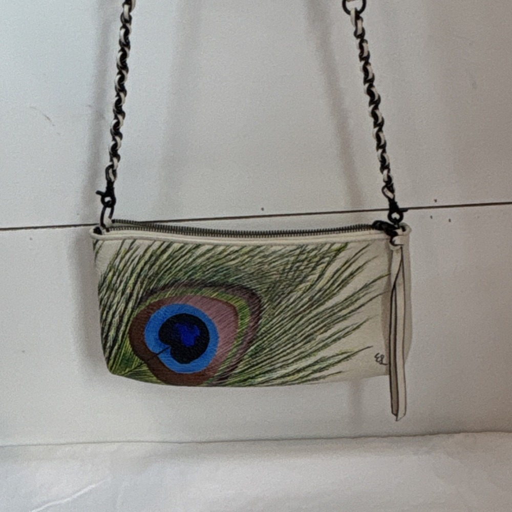 Elliott Lucca Ivory Shoulder Bag with Peacock Feather hand painted. - Picture 3 of 13